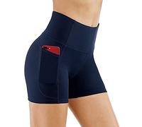 KOEMCY Shorts de Yoga Femme Shorts de Sport avec 2 Poches Été Leggings Court de Contrôle du Ventre Taille Haute Collants Shorts Short de Yoga Fitness Gym pour Jogging Running (Bleu, S)