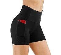 KOEMCY Shorts de Yoga Femme Shorts de Sport avec 2 Poches Été Leggings Court de Contrôle du Ventre Taille Haute Collants Shorts Short de Yoga Fitness Gym pour Jogging Running (Noir, XL)
