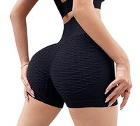 KOEMCY Shorts de Yoga Femme Shorts de Sport Nid d'abeille Froncé Taille Haute Short de Yoga Butt Lifter Leggings Court D'entraînement Ventre Collants de Course pour Yoga Fitness Gym Jogging (Noir)