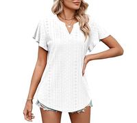 KOEMCY T Shirt Femme à Manches Courtes Broderie Anglaise Col V Tshirt Haut Décontracté Coton Oversize Top Casual Élégant Été Blouse