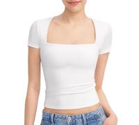 KOEMCY T Shirt Femme à Manches Courtes Col Carré Tshirt Élégant Haut Moulant Top Décontracté Coton Stretch Tee Sport Basique Casual Chic