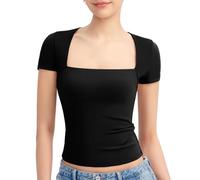 KOEMCY T Shirt Femme à Manches Courtes Col Carré Tshirt Élégant Haut Moulant Top Décontracté Coton Stretch Tee Sport Basique Casual Chic
