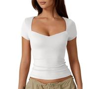 KOEMCY T Shirt Femme à Manches Courtes Col Carré Tshirt Moulant Décolleté Haut Élégant Top Basique Stretch Tee Décontractée Coton Slim Fit