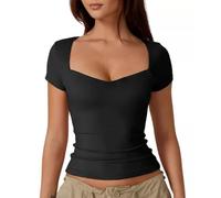 KOEMCY T Shirt Femme à Manches Courtes Col Carré Tshirt Moulant Décolleté Haut Élégant Top Basique Stretch Tee Décontractée Coton Slim Fit