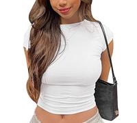 KOEMCY T Shirt Femme à Manches Courtes Col Rond Moulant Crop Top Tshirt Décontractée Haut Basique Sport Tee Elastique Casual Été Printemps Quotidien