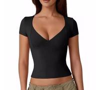 KOEMCY T Shirt Femme à Manches Courtes Col V Profond Tshirt Moulant Haut Élégant Top Court Décontracté Coton Stretch Tee Basique Mode Casual Été