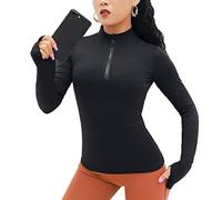 KOEMCY T-Shirt Manches Longues Femme Chemise Blouse 1/4 Zip Pullover Couleur Unie Chemisiers Collier de Stand Hauts Sport Yoga Tops avec Trous de Pouces (Noir,L)