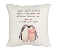 Koemore 'Tu Seras Toujours Mon Pingouin'' Housse de Coussin Décorative pour Couple Cadeau en Coton pour Petite Amie Saint-Valentin Noël Anniversaire Housse de Coussin 45 x 45 cm