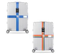 König Design Lot de 2 sangles de valise - Cadenas à combinaison - Réglable - Avec étiquette nominative - Sangle de valise pour voyage en avion - Accessoires, Bleu/multicolore, Sangle de valise