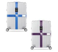 König Design Lot de 2 sangles de valise - Cadenas à combinaison - Réglable - Avec étiquette nominative - Sangle de valise pour voyage en avion - Accessoires, bleu et violet, Sangle de valise