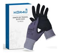 kör4u Elite Lot de 10 paires de gants de travail respirants et enduits, gants de protection, gants de jardinage pour femmes et mécaniciens, revêtement en nitrile de qualité supérieure, résistants à