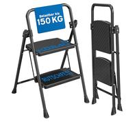 kör4u Escabeau à 2 marches, charge maximale jusqu'à 150 kg, pliant et peu encombrant, escabeau domestique stable, marches antidérapantes, cadre en acier, noir