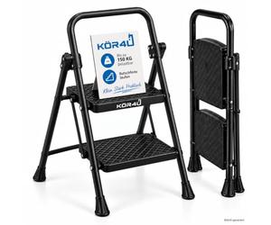 kör4u Escabeau à 2 marches, charge maximale jusqu'à 150 kg, pliant et peu encombrant, escabeau domestique stable, marches antidérapantes, cadre en acier, noir