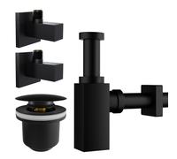 kör4u Kit siphon design 1 1/4" x 32 mm, valve pop-up et 2 valves d'angle, valve d'écoulement avec joints, pour lavabo (noir carré)