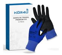 kör4u Lot de 10 paires de gants de travail de qualité supérieure, respirants et enduits, adaptés comme gants de protection, bonne adhérence, avec revêtement en latex de haute qualité, hautement