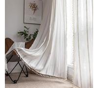 KOEXM Lot de 2 rideaux semi-occultants de style bohème avec pompons en lin et coton pour salon, chambre à coucher - 243,8 cm