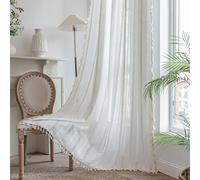 KOEXM Rideaux blancs de style bohème pour chambre à coucher et salon - 213 cm de long - Rideaux brodés en coton et lin - 2 panneaux de rideaux bohème à pompons - 139,7 cm de large x 213,4 cm de long