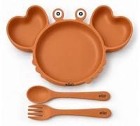 KÖZI Coffret repas bébé en silicone, 3 pièces - Terracotta | Assiette crabe à ventouse et 3 compartiments, cuillère et fourchette souples, dès 6 mois
