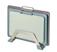 KOFRAND Lot de 3 planches à découper en plastique avec surface de meulage et mesure, passent au lave-vaisselle, avec support, design antidérapant, poignée en acier inoxydable, bleu