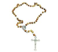 KOGMMYSEVP Chapelet de prière de Jérusalem avec perles en bois d'olivier 6 x 8 mm - Collier religieux - Médaille du sol sacré et croix en métal, M