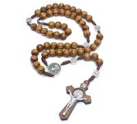 KOGMMYSEVP Chapelet en bois fait à la main avec médaille de saint Jésus croix religieuse en alliage de zinc bijoux pour anniversaire de mariage Noël, 23inches
