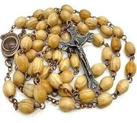 KOGMMYSEVP Chapelet en perles de bois d'olivier - Chapelet en métal - Chapelet de Jérusalem - Médaille du sol sacré et croix - Collier crucifix, 20inches