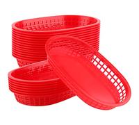 KOHAND Lot de 24 paniers de service de restauration rapide en plastique de forme ovale pour pain, hot-dog, hamburgers, sandwichs, frites, barbecues Rouge 28 x 17,8 cm