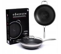 Kohersen Wok avec couvercle - Passe au four et au lave-vaisselle - Avec revêtement anti-adhésif noir - Pour induction, gaz, cuisinière électrique, en acier inoxydable et aluminium - 5,1 l - Diamètre :