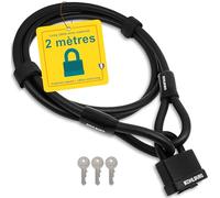 KOHLBURG cable antivol de 2 mètres - cadenas clé (3x) fermeture par simple pression - 2 m gaine cable pour vélo, remorque, poussette - cadenas exterieur et câble acier de 200 cm - anti vol velo solide