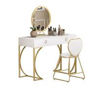 KOHUS Miroir De Courtoisie avec Lumières Et Ensemble De Petite Coiffeuse Nordique en Bois Massif, Art créatif en Fer Peint en Blanc, Coiffeuse Vanité pour Adolescents avec Miroir Et Tabouret