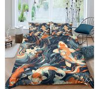 Koi Poisson Art Housse de Couette 3 Pièces Microfibre résistante 3D Imprimée Respirante Japanese Wave Style Parure de Lit avec Fermeture Éclair Douce for Enfant Super King（260x220cm）
