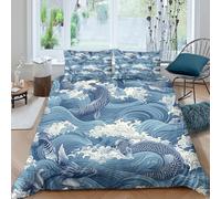 Koi Poisson Art Parure de Lit Microfibre 3 Pièces Imprimé en 3D Super Douce Japanese Wave Design Ensemble De Literie avec Fermeture Éclair Résistante for Adultes Enfants Single（135x200cm）
