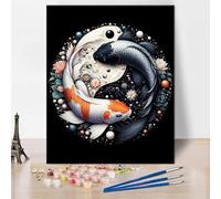Koi Poisson Peinture par numéros pour adultes débutants Yin Yang Peinture par numéros Kits Noir Blanc Deux Poissons Koi Adulte Peinture par numéros Acrylique Peinture par numéros Kits Décoration