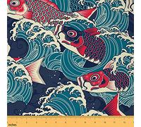 Koi Poisson Tissus au metre 92x150cm japonais Exotique hokusa vague Tissu de haute couture meubles et projets de bricolage pour la maison, oriental Ethnique Art Tissu imperméable Bleu Rouge