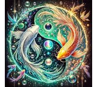 Koi Yin-Yang Diamond Painting 5D DIY Broderie Diamant Painting Kit Complet,Animal Peinture Diamant pour Adultes Strass Point de Croix Artisanat Convient Salon,Décoration Murale Square Drill,20x20cm