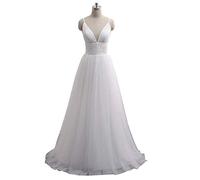 KOIAMVZW Robe de mariée Robe de mariée col en V pour Femme, Manches Courtes, Longue soirée en Dentelle, Robe de mariée trapèze idéale pour Le Mariage (Couleur : Blanc, Taille : 12) (Blanc 16)