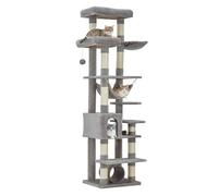 Koioplie Arbre à chat XXL 188 cm pour chats, tour multi-niveaux, Gris clair | Panneaux HD + peluche + sisal, 188cm, 11 poteaux, 2 niches + hamac + tunnel, capacité 15kg, anti-bascule. Idéal pour chats
