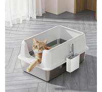 Koioplie Bac à Litière en Acier Inoxydable XXL avec Couvercle, Blanc | Acier inoxydable qualité alimentaire antirouille + surface non adhérente - 80 L - parois 15 cm, couvercle étanche