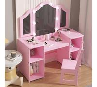 Koioplie Coiffeuse Enfant 2-en-1 Convertible en Bureau, Miroir triptyque | MDF peinture non toxique + miroir triptyque amovible LED tactile - 2-en-1 coiffeuse/bureau - 4 compartiments - chaise