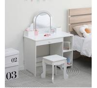 Koioplie Coiffeuse enfant LED 2 en 1 avec tabouret table maquillage miroir éclairé et bureau d'étude meuble rangement - Blanc