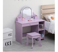 Koioplie Coiffeuse enfant LED 2 en 1 avec tabouret table maquillage miroir éclairé et bureau d'étude meuble rangement - Violet