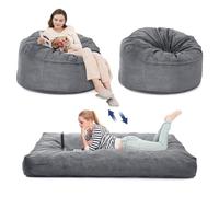 Koioplie Pouf géant Convertible 2-en-1 Fauteuil + lit d'appoint Queen, Mousse Haute densité, Housse Velours côtelé Lavable, Ballon Principal : D110 cm × H70 cm，Matelas : 190 × 135 × 25 cm，Gris Claire