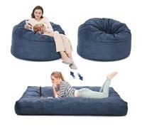 Koioplie Pouf géant Convertible 2-en-1 Fauteuil + lit d'appoint Queen, Mousse Haute densité, Housse Velours côtelé Lavable, Ballon Principal : D110 cm × H70 cm，Matelas : 190 × 135 × 25 cm，Bleu