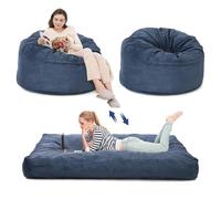 Koioplie Pouf géant Convertible 2-en-1 Fauteuil + lit d'appoint Queen, Mousse Haute densité, Housse Velours côtelé Lavable, Ballon Principal : D120 cm × H70 cm，Matelas : 200 × 150 × 25 cm，Bleu