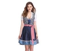 KOJOOIN Femme Robe Dirndl de Bavière Oktoberfest Set - Blouse et Tablier 3 Pièces Bluse Manches Courtes Bavarois Vêtements Damier Bleu (Mise à Niveau) M