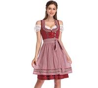 KOJOOIN Femme Robe Dirndl de Bavière Oktoberfest Set - Blouse et Tablier - Robe Dirndl 3 Pièces Bluse Manches Courtes Bavarois Vêtements Vin Rouge 2 XL