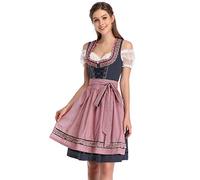 KOJOOIN Femme Robe Dirndl de Bavière Oktoberfest Set - Blouse et Tablier - Robe Dirndl 3 Pièces Bluse Manches Courtes Bavarois Vêtements Bleu Foncé 2 L
