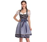 KOJOOIN Femme Robe Dirndl de Bavière Oktoberfest Set Dirndl Blouse et Tablier - Robe Dirndl 3 Pièces Bluse Manches Courtes Bavarois Vêtements Fleur Marine L