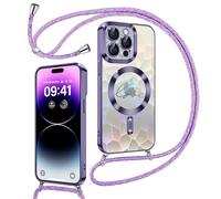 Kokio Coque Glitter Magnétique pour iPhone 14 Pro avec Cordon [Compatible avec MagSafe], Motif Coeur Transparente Etui pour Filles Femmes, Antichoc Silicone Housse pour iPhone 14 Pro Violet