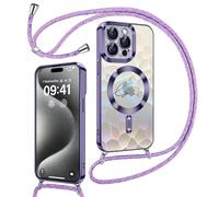 Kokio Coque Glitter Magnétique pour iPhone 15 Pro avec Cordon [Compatible avec MagSafe], Motif Coeur Transparente Etui pour Filles Femmes, Antichoc Silicone Housse pour iPhone 15 Pro Violet